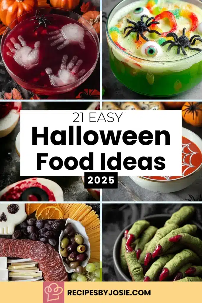 Collage of spooky Halloween food ideas including ghost drinks, spiderweb soup, skeleton charcuterie board, and witch finger cookies.