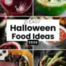 Collage of spooky Halloween food ideas including ghost drinks, spiderweb soup, skeleton charcuterie board, and witch finger cookies.