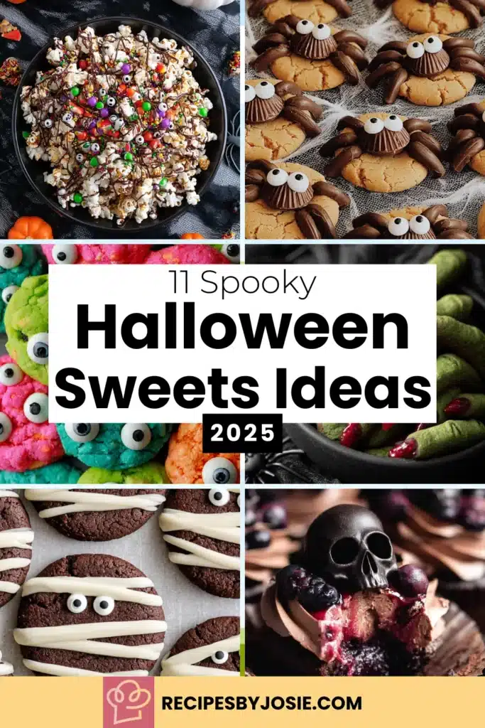 Collage of spooky Halloween sweets including popcorn with candy eyeballs, spider cookies, monster cookies, mummy cookies, witch finger cookies, and chocolate skull cupcakes – festive dessert ideas for 2025.