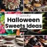 Collage of spooky Halloween sweets including popcorn with candy eyeballs, spider cookies, monster cookies, mummy cookies, witch finger cookies, and chocolate skull cupcakes – festive dessert ideas for 2025.