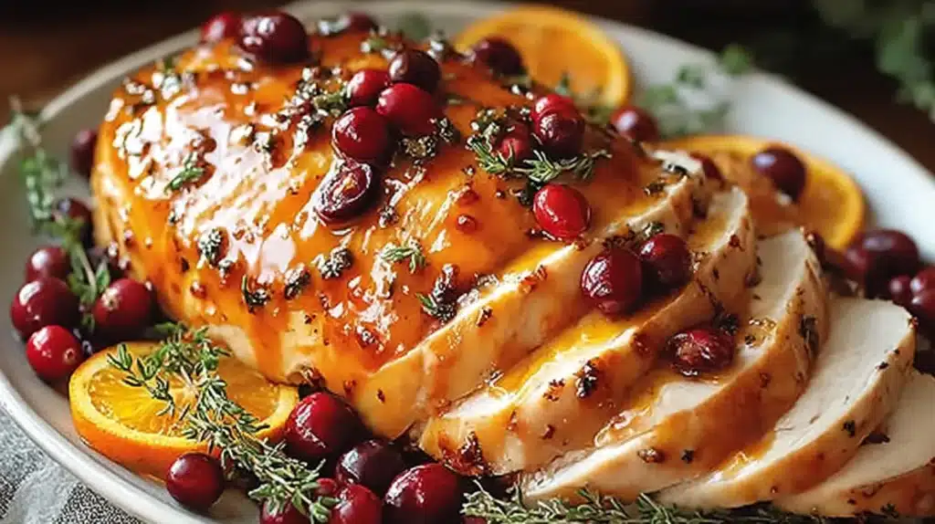 Cranberry Orange Glazed Turkey Breast Recipe: A Juicy, Flavor-Packed Centerpiece for Your Holiday Table 5 Sliced orange glazed turkey breast garnished with cranberries, thyme, and orange slices on a white serving platter.