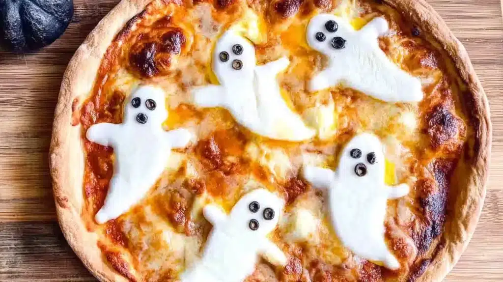 Homemade Halloween ghost pizza topped with melted mozzarella shaped like ghosts and black olive eyes on a wooden table.