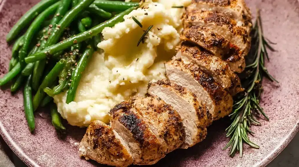 Garlic Butter Turkey Tenderloin Recipe: Juicy, Flavor-Packed, and Perfect for Any Thanksgiving or Weeknight Dinner 5 Garlic butter turkey tenderloin served with mashed potatoes and sautéed green beans, garnished with rosemary on a rustic plate.