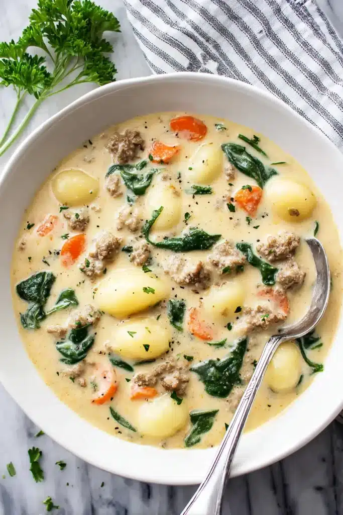 A comforting bowl of creamy Italian Sausage and Potato Gnocchi Soup loaded with savory sausage, tender gnocchi, fresh spinach, and carrots — the perfect cozy meal for any night.