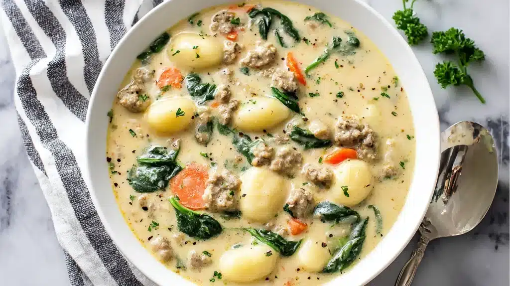 Creamy Italian sausage and potato gnocchi soup in a green Dutch oven with sausage, carrots, spinach, and gnocchi on a marble background.