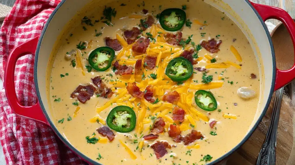 A rich and creamy pot of Jalapeño Popper Soup, loaded with spicy jalapeños, crispy bacon, and melted cheddar cheese — the perfect mix of heat and comfort.