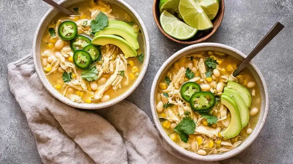 A flavorful bowl of Southwest White Chicken Chili made with shredded chicken, creamy white beans, corn, and mild spice — served with fresh avocado, jalapeños, and lime for a warm, Southwest-inspired meal.