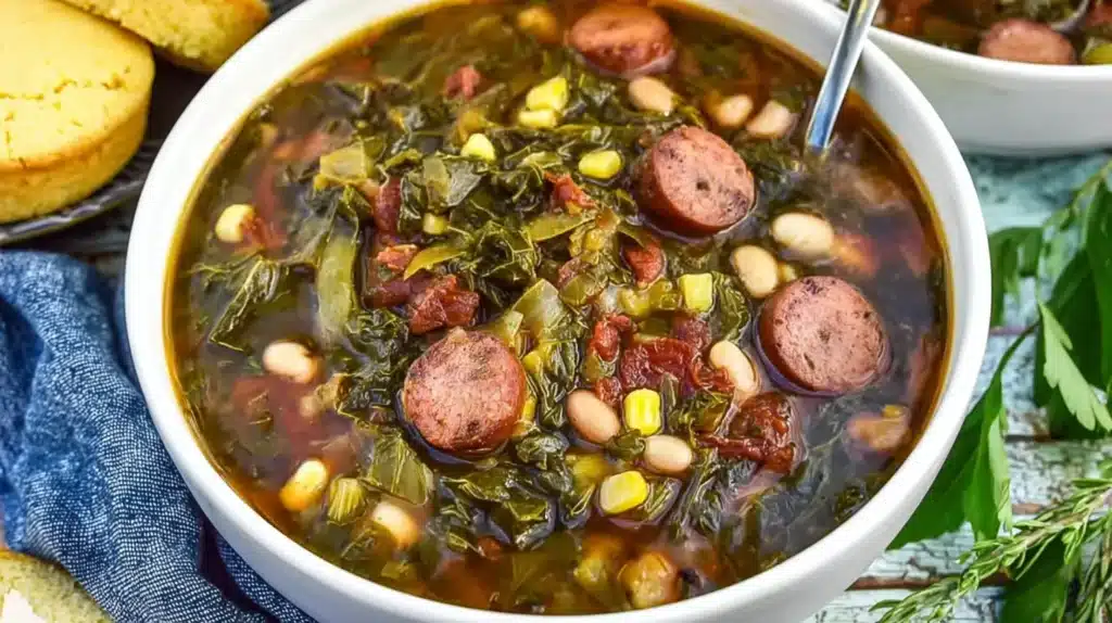 Swamp Soup (Viral TikTok Recipe) 8 Bowl of Southern Swamp Soup with sausage, collard greens, beans, and corn in a smoky, flavorful broth.