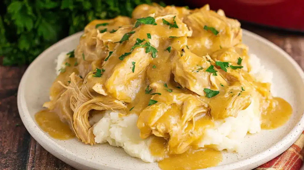 Crockpot chicken and gravy served over mashed potatoes with fresh parsley garnish.