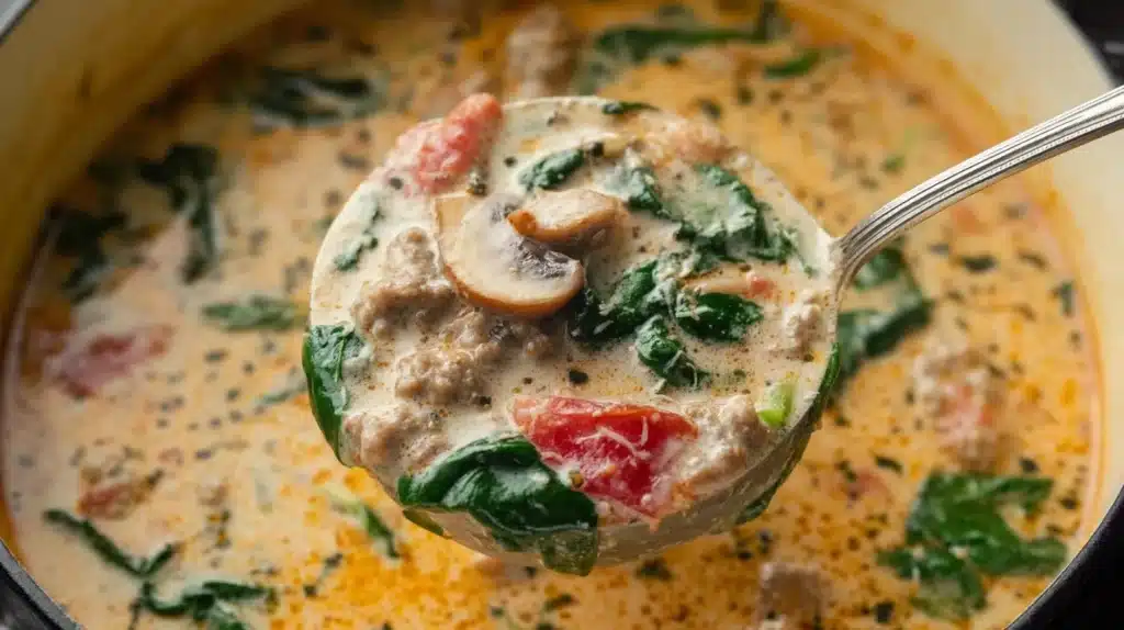 A comforting bowl of Creamy Parmesan Italian Sausage Soup filled with Italian sausage, spinach, mushrooms, and tomatoes simmered in a rich, cheesy broth — perfect for cozy weeknight dinners.