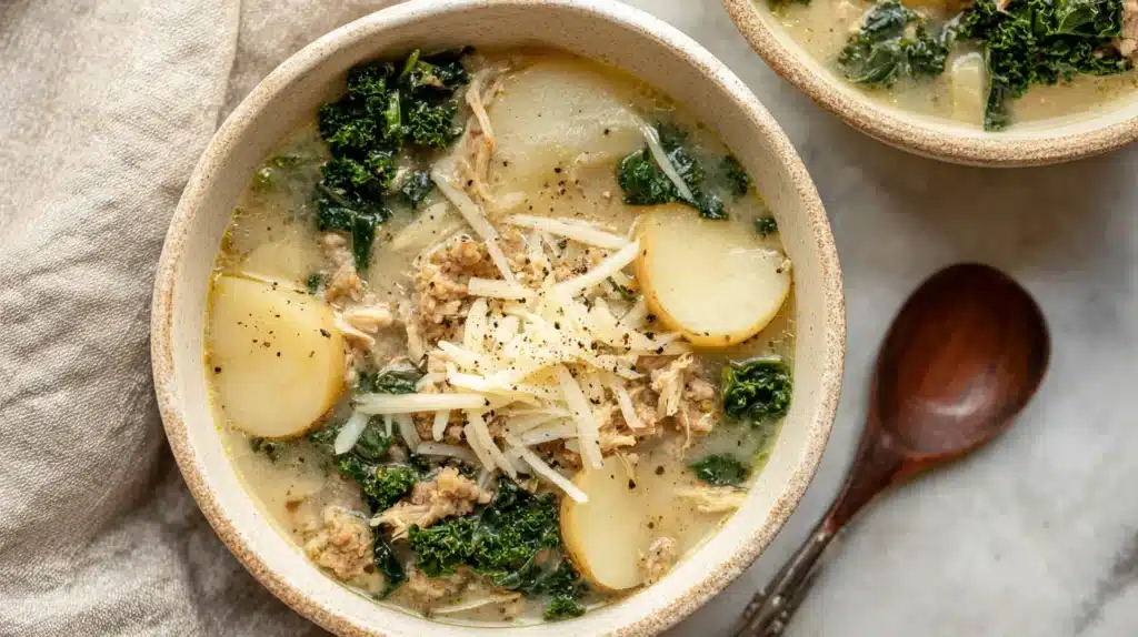 Vegan Zuppa Toscana: Olive Garden Copycat Soup 5 Bowl of creamy vegan Zuppa Toscana soup with kale, potatoes, and vegan sausage topped with shredded vegan cheese.