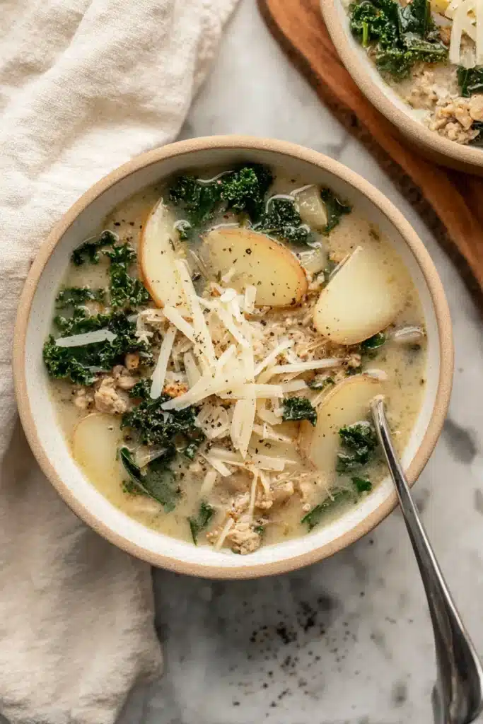 Vegan Zuppa Toscana: Olive Garden Copycat Soup 8 A cozy bowl of Vegan Zuppa Toscana made with creamy cashew broth, tender potatoes, hearty vegan sausage, and fresh kale — a plant-based twist on the Italian classic.