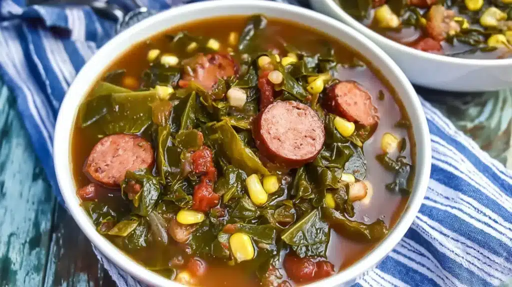 Swamp Soup (Viral TikTok Recipe) 5 Bowl of Southern Swamp Soup with sausage, collard greens, beans, and corn in a rich, savory broth.