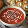 Halloween tomato soup in a white bowl decorated with a spider web cream design, served with spooky ghost-shaped bread and surrounded by mini pumpkins.