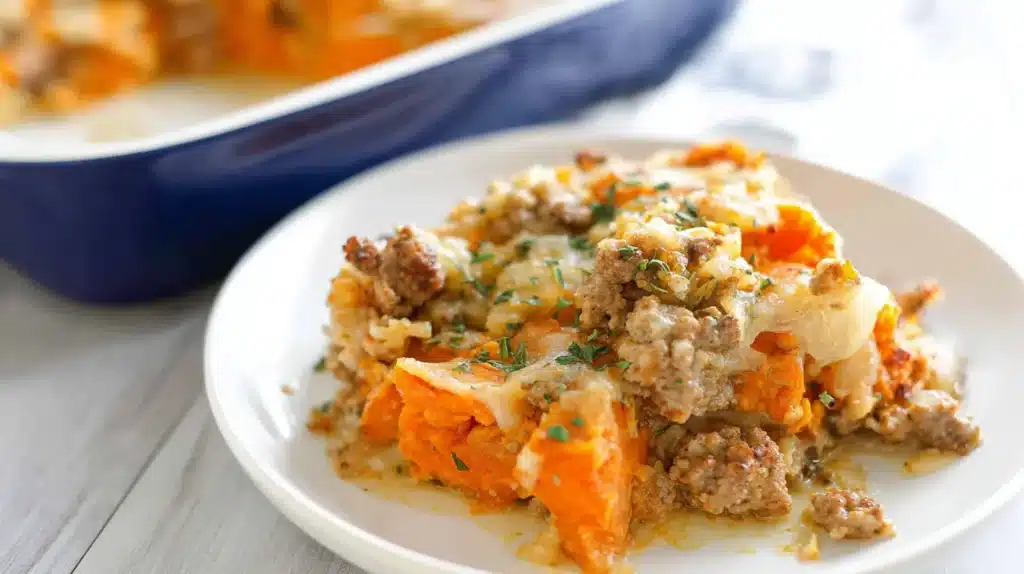 A hearty serving of Ground Turkey Sweet Potato Casserole — tender sweet potatoes, savory ground turkey, and melted cheese for a delicious and healthy comfort meal.