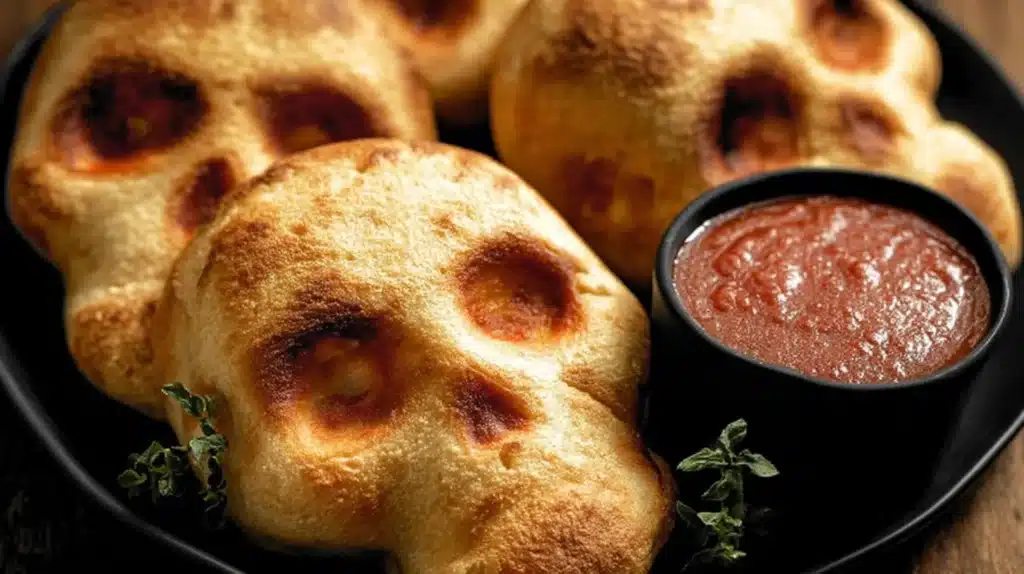 Golden-brown Halloween pizza skulls served with marinara dipping sauce on a black plate.