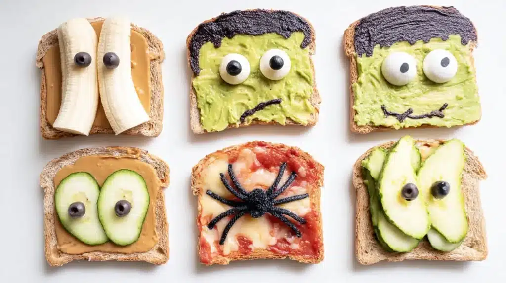 Halloween toast decorated as ghosts, mummies, pumpkins, and spider webs with creative toppings.