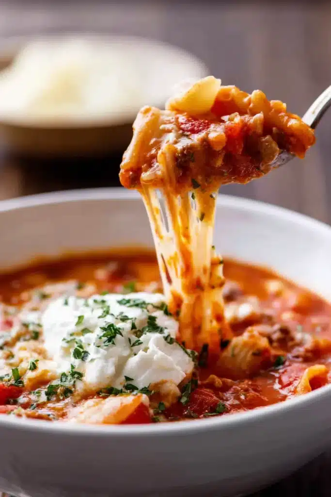 A comforting bowl of Crockpot Lasagna Soup made with rich tomato sauce, tender pasta, and melted cheese — topped with creamy ricotta for the perfect cozy dinner.