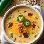 A creamy bowl of Jalapeño Popper Soup, loaded with melted cheddar, crispy bacon, and spicy jalapeños — a cozy, flavorful twist on a comfort classic.