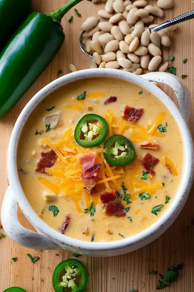 A creamy bowl of Jalapeño Popper Soup, loaded with melted cheddar, crispy bacon, and spicy jalapeños — a cozy, flavorful twist on a comfort classic.