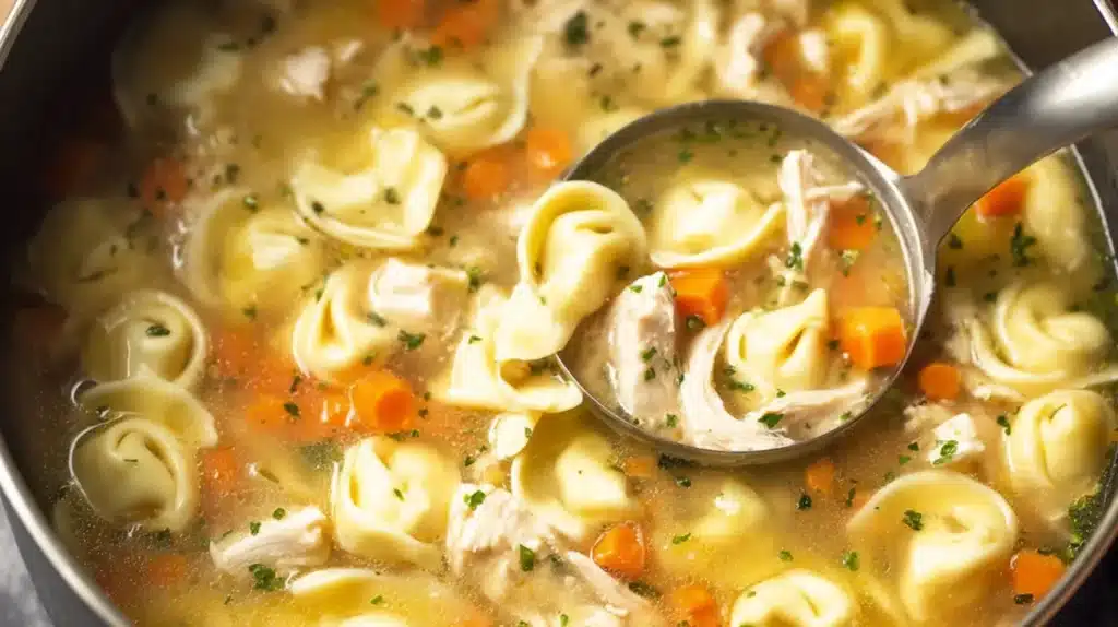A cozy bowl of Chicken Tortellini Soup made with tender shredded chicken, vegetables, and cheesy tortellini simmered in a flavorful golden broth — simple, hearty, and satisfying.
