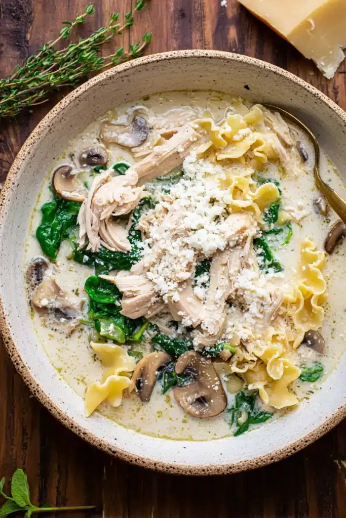 This White Chicken Lasagna Soup is rich, creamy, and loaded with tender chicken, spinach, and mushrooms — finished with ricotta and parmesan for a cozy, comforting twist on classic lasagna.