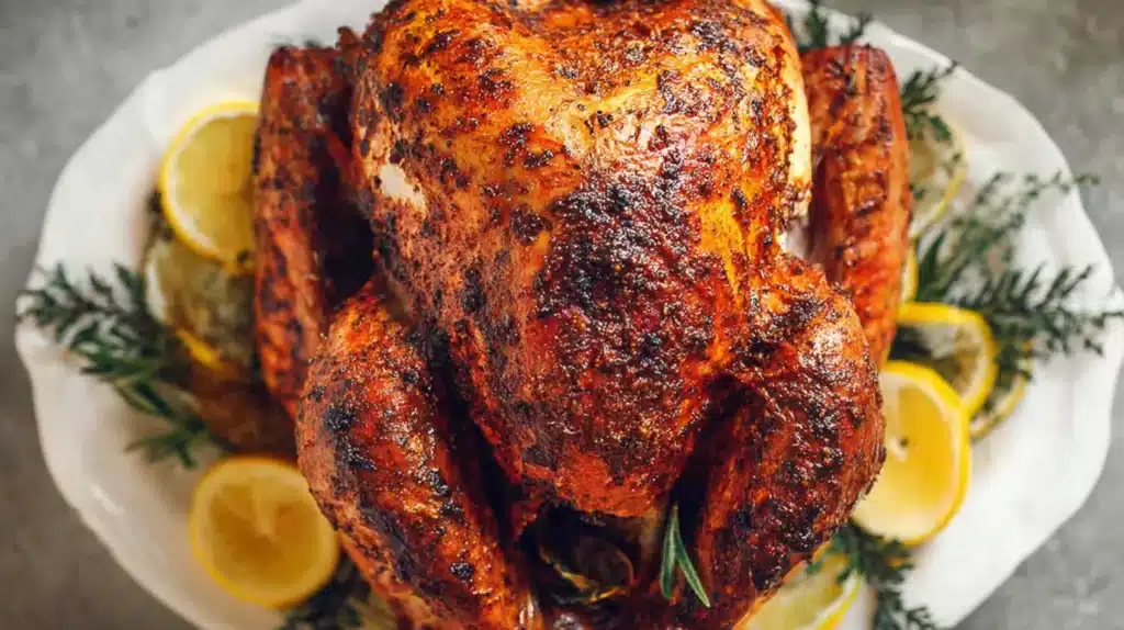 Best Thanksgiving Turkey Recipe: The Juiciest, Most Flavorful Roast You’ll Ever Make 5 Perfectly roasted Thanksgiving turkey with crispy golden skin, garnished with lemon wedges and fresh rosemary on a white serving platter.