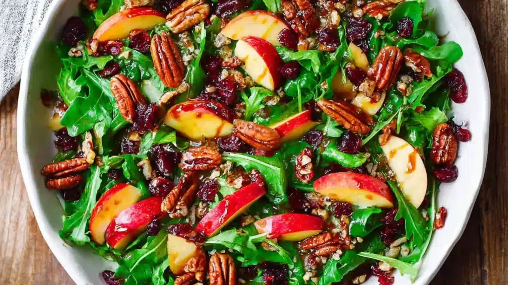Apple Cranberry Pecan Salad with Honey-Orange Dressing: A Crisp and Colorful Holiday Side 4 Apple cranberry pecan salad with fresh greens, sliced apples, dried cranberries, and toasted pecans drizzled with balsamic dressing.