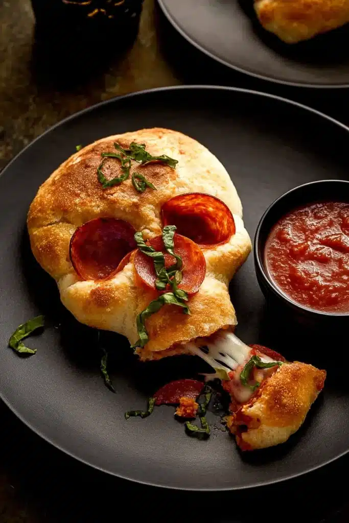 Golden-brown Halloween pizza skull stuffed with melted cheese and pepperoni, served with marinara dipping sauce on a black plate.