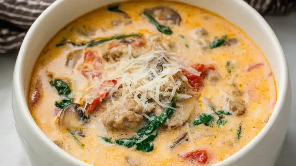 A hearty and flavorful bowl of Creamy Parmesan Italian Sausage Soup made with Italian sausage, spinach, mushrooms, and tomatoes simmered in a rich, cheesy cream broth — the perfect cozy dinner for chilly nights.