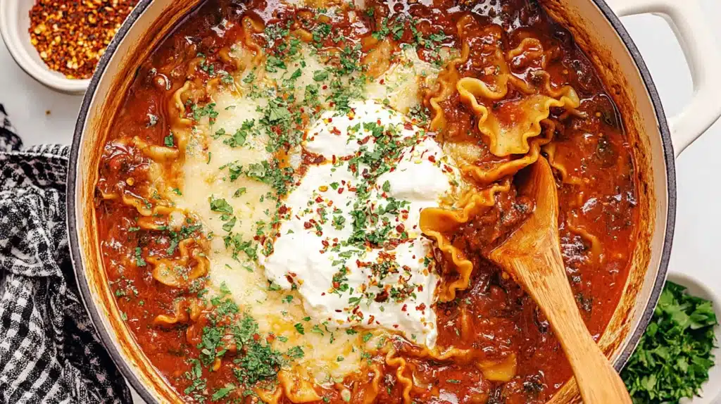 Vegetarian Lasagna Soup: All the Flavor, None of the Fuss 7 Hearty Vegetarian Lasagna Soup in a Dutch oven topped with melted cheese, ricotta, parsley, and red pepper flakes.