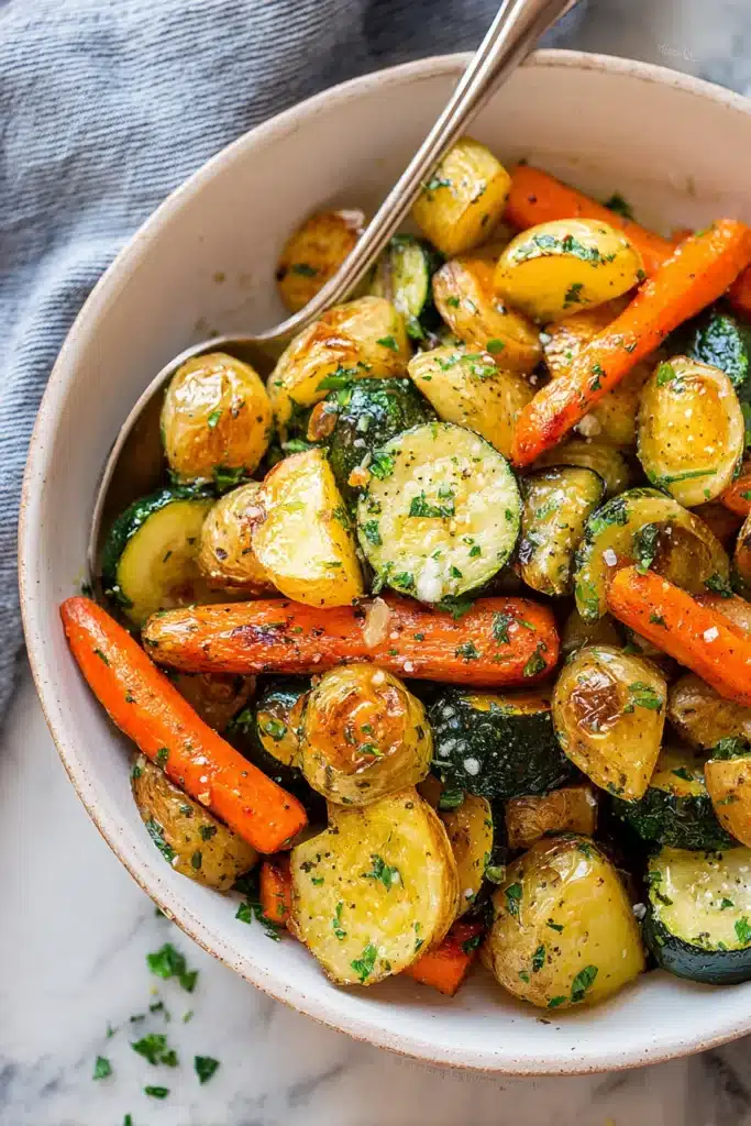 Golden roasted potatoes, tender carrots, and zucchini tossed in olive oil, garlic, and herbs — a flavorful, simple side dish that pairs perfectly with any meal.