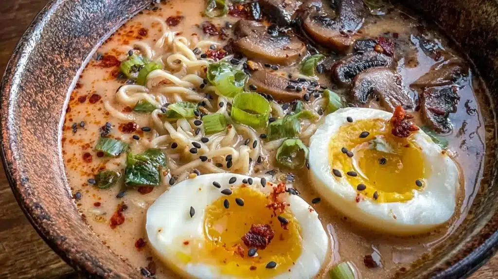 Overhead view of creamy ramen in a bowl with soft-boiled eggs, mushrooms, scallions, sesame seeds, and noodles in a rich miso broth.