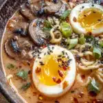 A warm and comforting bowl of creamy ramen filled with noodles, mushrooms, scallions, and soft-boiled eggs in a rich miso broth — the perfect cozy meal for any day.