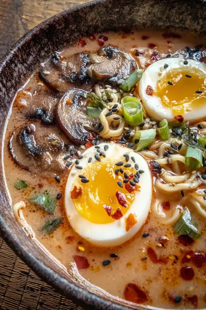 Creamy Spicy Miso Ramen with Mushrooms and Soft-Boiled Eggs 8 A warm and comforting bowl of creamy ramen filled with noodles, mushrooms, scallions, and soft-boiled eggs in a rich miso broth — the perfect cozy meal for any day.