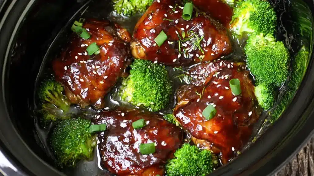 CrockPot teriyaki chicken with glossy sauce and broccoli in a slow cooker.