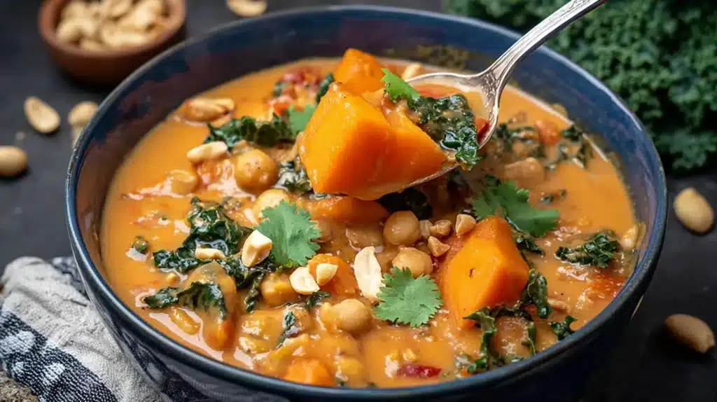 A rich and creamy peanut butter soup with tender sweet potatoes, chickpeas, kale, and a sprinkle of peanuts — perfect for a cozy, flavorful dinner with a nutty twist.