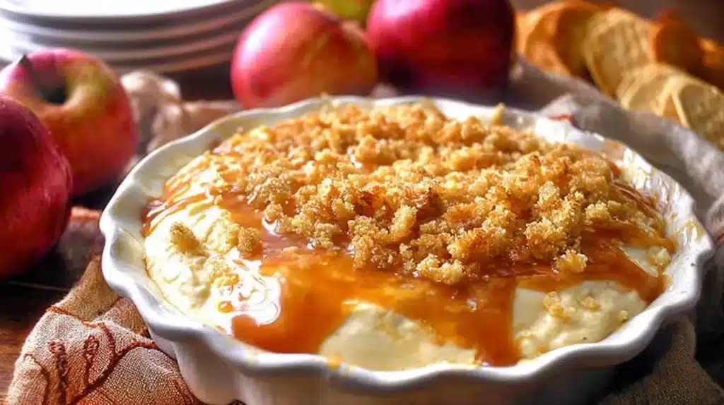 Easy Caramel Apple Cheesecake Dip Recipe: The Crowd-Pleasing Fall Dessert Everyone Will Want Seconds Of 5 Creamy caramel apple cheesecake dip topped with crumble and caramel sauce, served with apples and vanilla wafers.
