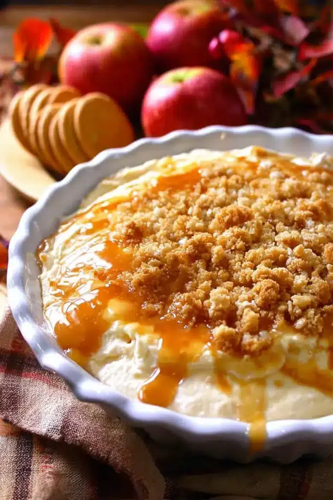 Easy Caramel Apple Cheesecake Dip Recipe: The Crowd-Pleasing Fall Dessert Everyone Will Want Seconds Of 8 This caramel apple cheesecake dip is the perfect fall dessert — rich, creamy cheesecake flavor topped with sweet caramel and buttery crumble. Serve it with crisp apples or vanilla wafers for the ultimate treat.
