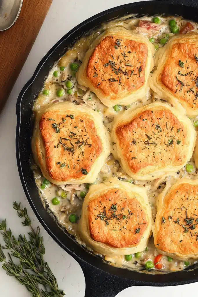 This Leftover Turkey Skillet Pot Pie transforms holiday leftovers into pure comfort — creamy turkey filling topped with golden, buttery biscuits baked to perfection in one skillet.