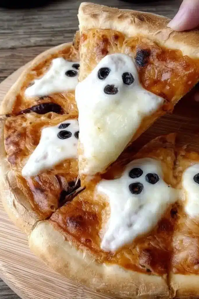 Halloween ghost pizza with melted mozzarella shaped like ghosts and black olive eyes on a wooden surface.