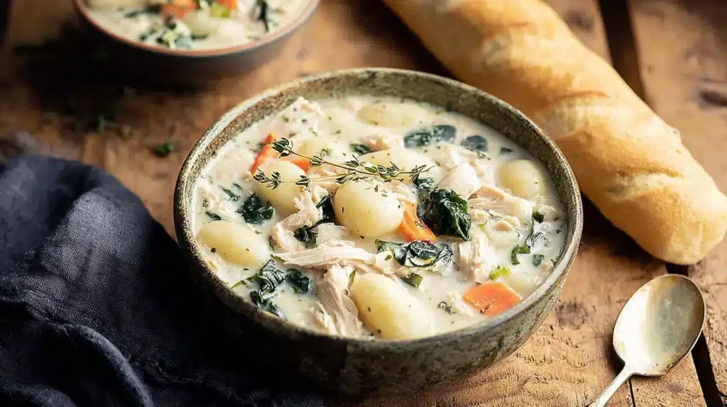 Creamy Olive Garden chicken gnocchi soup served in a rustic bowl with tender chicken, gnocchi, spinach, and carrots, garnished with thyme and a breadstick on the side.