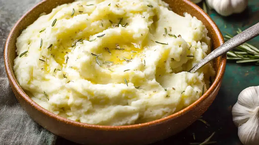 Fluffy and buttery mashed potatoes infused with fragrant rosemary and garlic — the perfect creamy side dish for family dinners or festive meals.