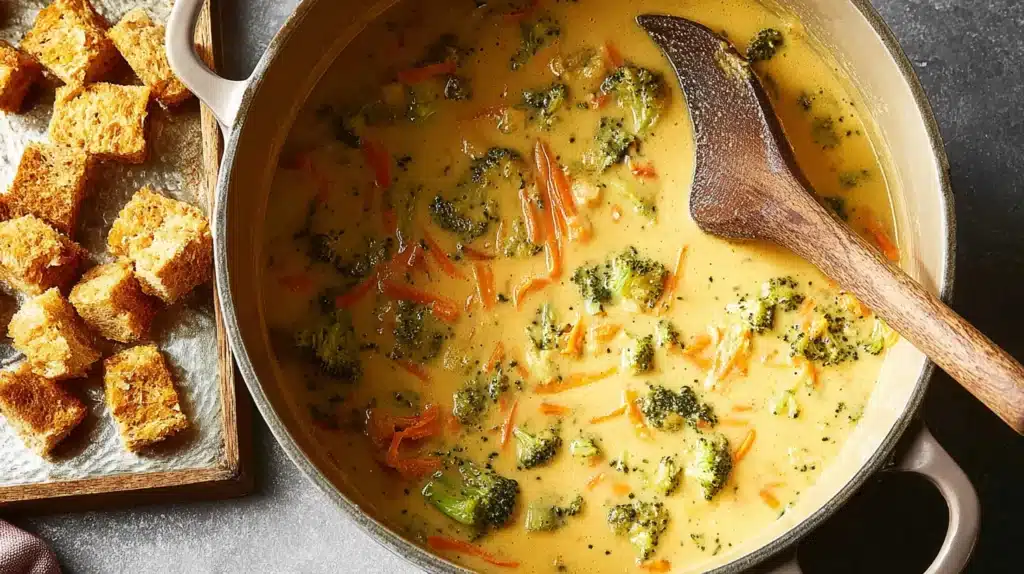 Broccoli Cheddar Soup: Comfort in a Bowl for All Seasons 8 Creamy broccoli cheddar soup in a pot with wooden spoon, garnished with broccoli florets, shredded carrots, and served with rustic croutons.