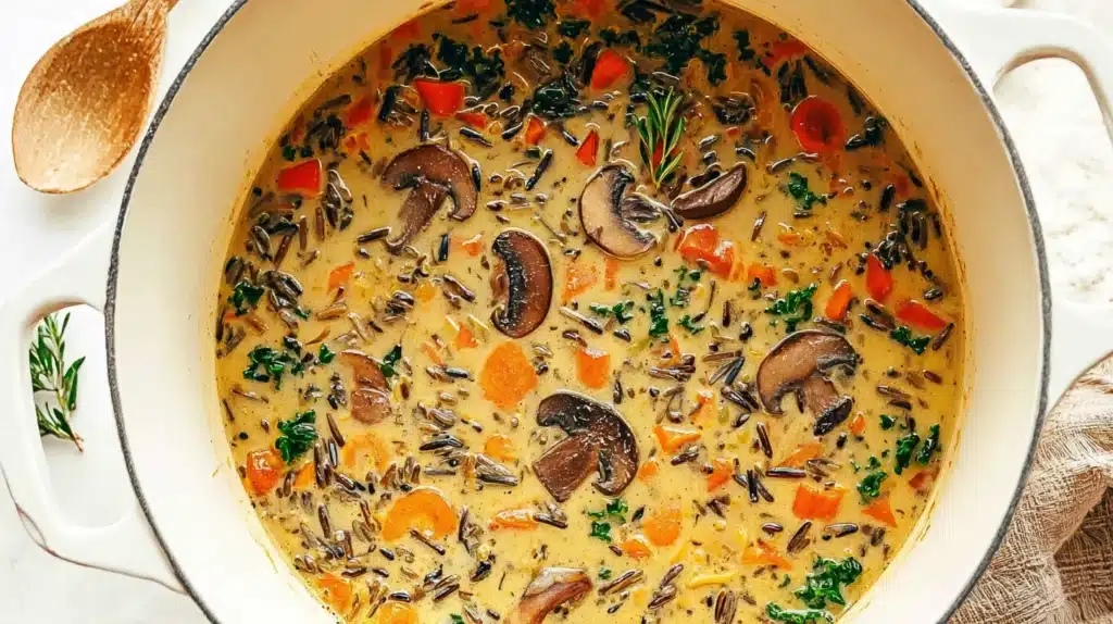 Creamy autumn wild rice soup in a white Dutch oven with carrots, mushrooms, kale, and herbs.