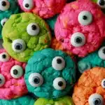Close-up of colorful Halloween eyeball cookies in bright pink, green, blue, and orange, decorated with multiple candy eyes.