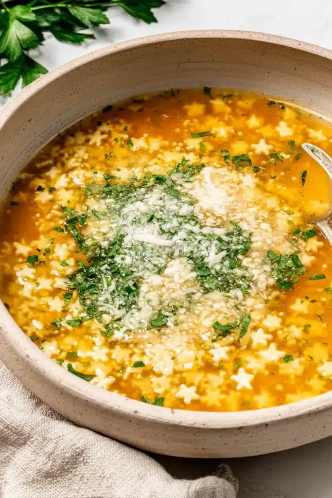Rustic bowl of Italian Penicillin Soup with pastina pasta, Parmesan, and fresh parsley.
