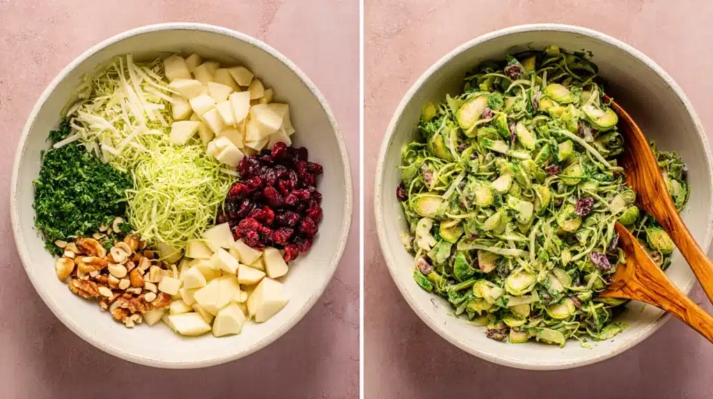Shaved Brussels Sprouts Salad with Apples and Hazelnuts: A Fresh, Festive Holiday Side 7 A step-by-step look at how to make this refreshing shaved Brussels sprouts salad — featuring apples, cranberries, hazelnuts, and parmesan tossed together for a bright, flavorful crunch.