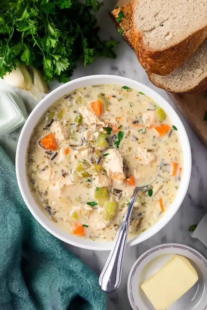 Creamy leftover turkey wild rice soup served in a white bowl with chunks of turkey, carrots, celery, and herbs, surrounded by fresh parsley and bread.