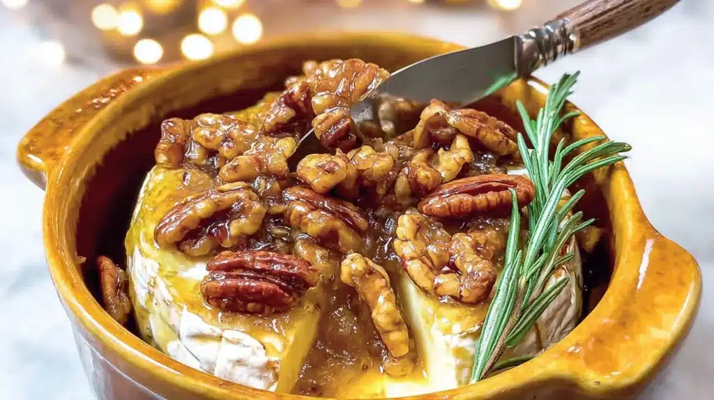 This baked brie with fig jam and toasted pecans is a show-stopping appetizer — creamy, sweet, and savory perfection for holidays or gatherings.